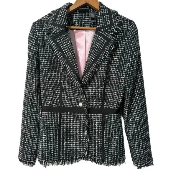 BISOU BISOU Michelle Bohbot Tweed Fringe Black Blazer Jacket Women’s Sz 6 Small - Picture 3 of 16